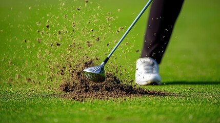 Iron club completing a swing near ground, divot and grass flying in crisp detail