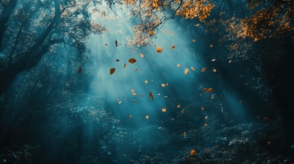Obraz premium Sunlight streams through autumn forest, leaves swirling