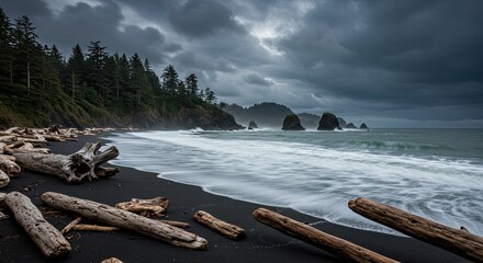 Dramatic coastal landscape featuring driftwood on a black sand beach under stormy clouds