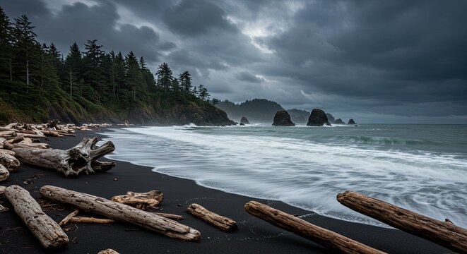 Dramatic coastal landscape featuring driftwood on a black sand beach under stormy clouds