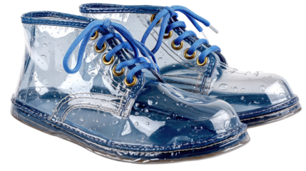 Clear Boots with Blue Laces: Stylish transparent boots featuring vivid blue laces, perfect for a rainy day, showcasing modern design and functionality.