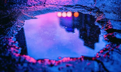 Neon lights reflected in a puddle. AI.