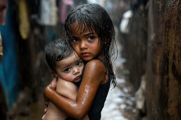 Children huddle together in the rain. AI.
