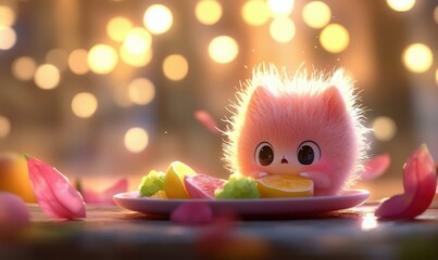 Cute pink creature enjoying fruit. AI.