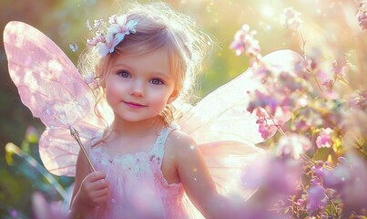 A little girl dressed as a fairy. AI.