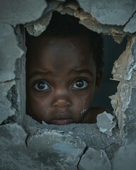 A child looks through a hole in a wall. AI.
