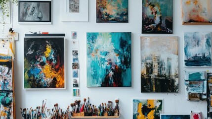 Obraz premium Art studio wall filled with diverse paintings and prints