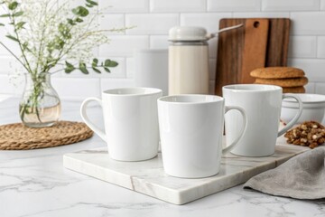 Minimal white ceramic mug mockup on marble background with clean decor. Perfect for branding, marketing, product presentation, office style, and minimalist design themes.