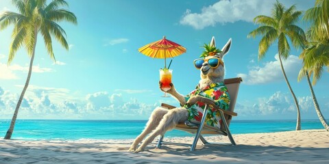 Llama relaxing on the beach with a cocktail. AI.