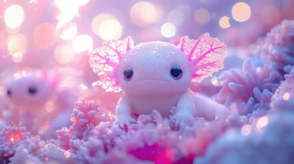 Adorable axolotl in a dreamy setting. AI.