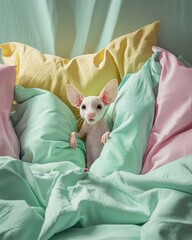 Cute little animal in a bed. AI.