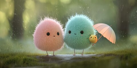 Fluffy friends in the rain. AI.