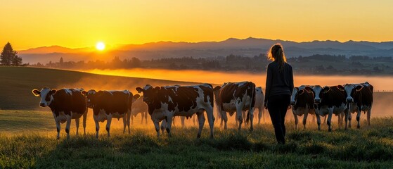 Sunrise over a pasture with cows. AI.