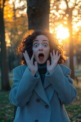 Shocked woman outdoors. AI.