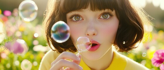 A young woman blowing bubbles in a field. AI.