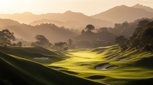 Landscape showing elevation changes across a hilly golf course during golden hour