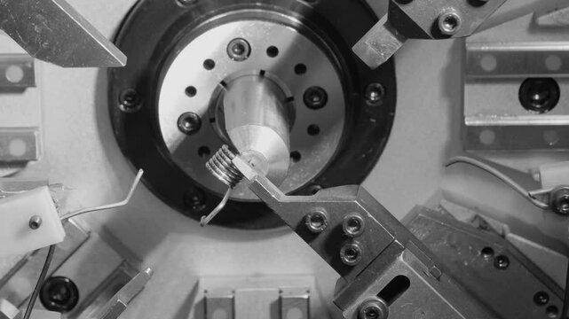 Automatic machine bends and cuts steel wire springs, industrial conveyor metal concept