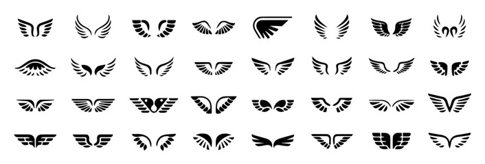 Set of black and white stylized wing icons in various symmetrical designs, arranged in a grid on a white background, featuring abstract, angelic, and geometric wing shapes for creative use.