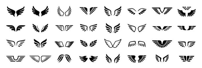 Set of black and white stylized wing icons in various symmetrical designs, arranged in a grid on a white background, featuring abstract, angelic, and geometric wing shapes for creative use.