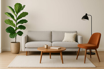 A modern living room with a gray sofa, orange chair, wooden coffee table, floor lamp, and a large potted plant on a light rug and wooden floor.
