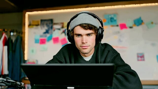 Reflective Young Man Sits in Softly Lit Room with Laptop and Headphones in Background (AI Video)
