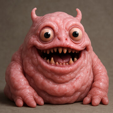 A happy, pink blob monster. AI