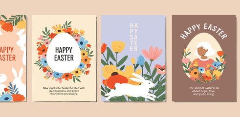 Happy Easter Set of greeting cards, posters, holiday covers. Trendy design with typography, spring hand drawn flowers, dots, eggs and bunny in pastel colors. Modern art minimalist
