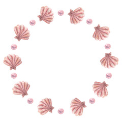Watercolor wreath, frame of pink shells, pearls