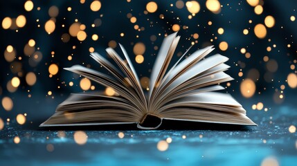 Book is open to a page with a bright light shining on it. The light is creating a sparkling effect around the book, making it look like it's glowing. The scene gives off a warm and inviting feeling