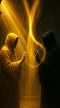 Two Hooded Figures in Ritual Encounter with Golden Light