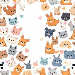 Adorable Cartoon Pets Cats, Dogs, and Bunnies Illustration