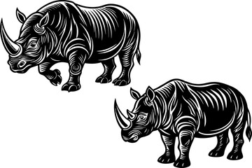 Rhinos. Silhouette of rhinos and baby rhinoceros. Animal Family. Isolated. Vector illustration