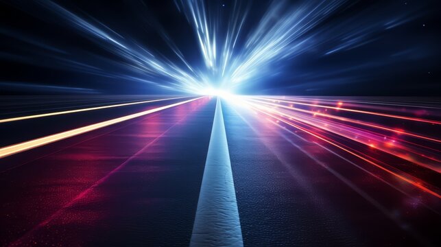 Bright light is shining on a road. The light is so bright that it is almost blinding. The road is empty, and there are no cars or people in the scene