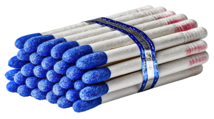 Bundled Matches: A close-up shot of a bundle of matches, their vibrant blue tips contrasting against their crisp white bodies, bound neatly. Capturing the essence of potential and preparation.