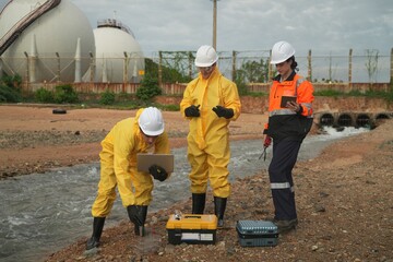Environmental scientists conducting water quality tests near an industrial facility