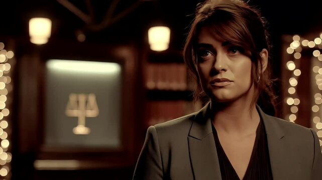 Serious Female Lawyer Talks in Prestigious Office Corner with Bookshelves and Matte Glass Divider (AI Video)