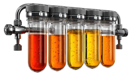 Industrial Filtration System: Industrial filtration system with a series of transparent tubes filled with liquid in varying shades, showcasing the purification process and its progressive refinement.