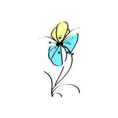 Butterfly flower icon. Nature insect symbol. Blue yellow hues. Vector butterfly illustration.