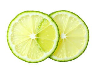 Fresh lime slices neatly arranged, seen from above, white background,closeup,cut,fresh