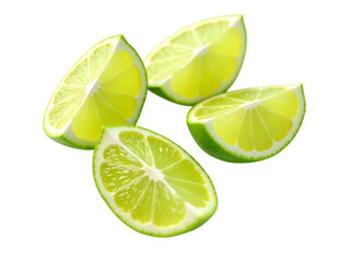 Fresh lime slices neatly arranged, seen from above, white background,