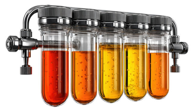 Industrial Filtration System: Industrial filtration system with a series of transparent tubes filled with liquid in varying shades, showcasing the purification process and its progressive refinement.