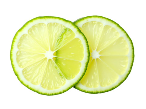 Fresh lime slices neatly arranged, seen from above, white background,closeup,cut,fresh