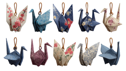 Origami Cranes: Delicate origami cranes, each uniquely crafted with patterned paper, are suspended, showcasing the beauty of this traditional art form and its intricate folding techniques.