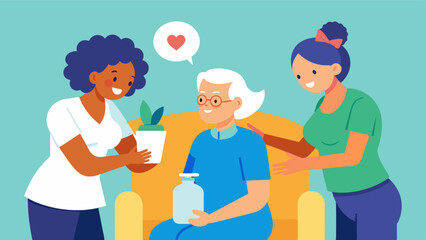 In a nursing home a caring nurse guides residents with various forms of dementia through a relaxing aromatherapy session to improve their mood and decrease agitation.. Vector illustration