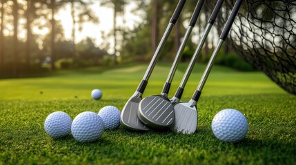 Set of irons leaning against a practice net, with golf balls scattered nearby