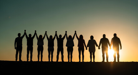 Fototapeta premium Silhouette of people standing in a line holding hands at sunset, symbolizing unity.