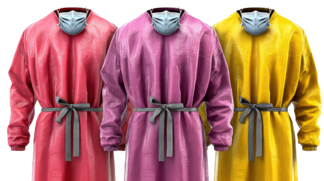 Medical Garments: A meticulously crafted studio shot of three vibrantly colored medical garments, each bearing a protective mask and sturdy sash.