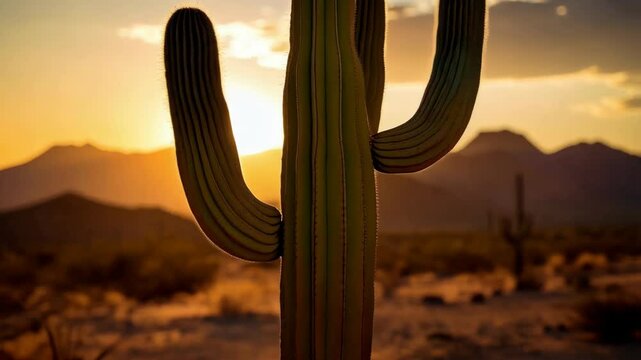 Dramatic desert landscape with a saguaro cactus silhouetted against a vibrant golden sunset with mountainous background, offering a sense of peace.