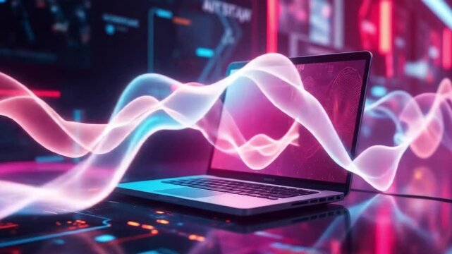 Cyberpunk style laptop with neon lines and abstract glowing data stream illustration