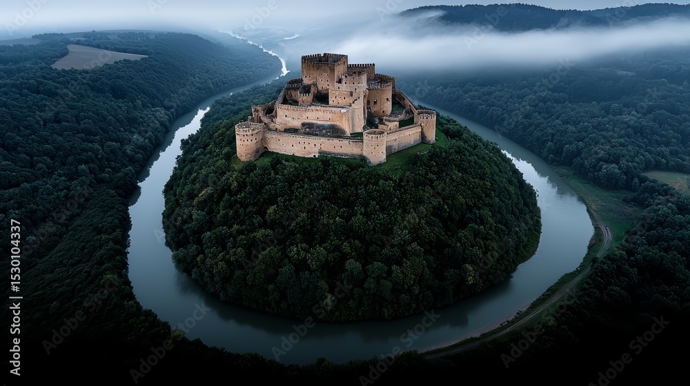 Poster castle is on top of a hill next to a river. the castle is surrounded by trees and the river is flowi